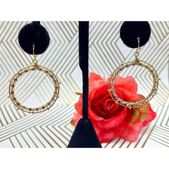 Lot of 2 Gold Tone Dangle Drop Earrings Art Deco Semi Circles and Crystal Hoops - Picture 8 of 10